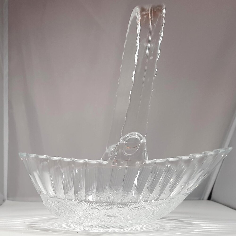 Vintage Indiana Glass Company Oval Crystal Glass Bowl/Basket With Lucite Handle